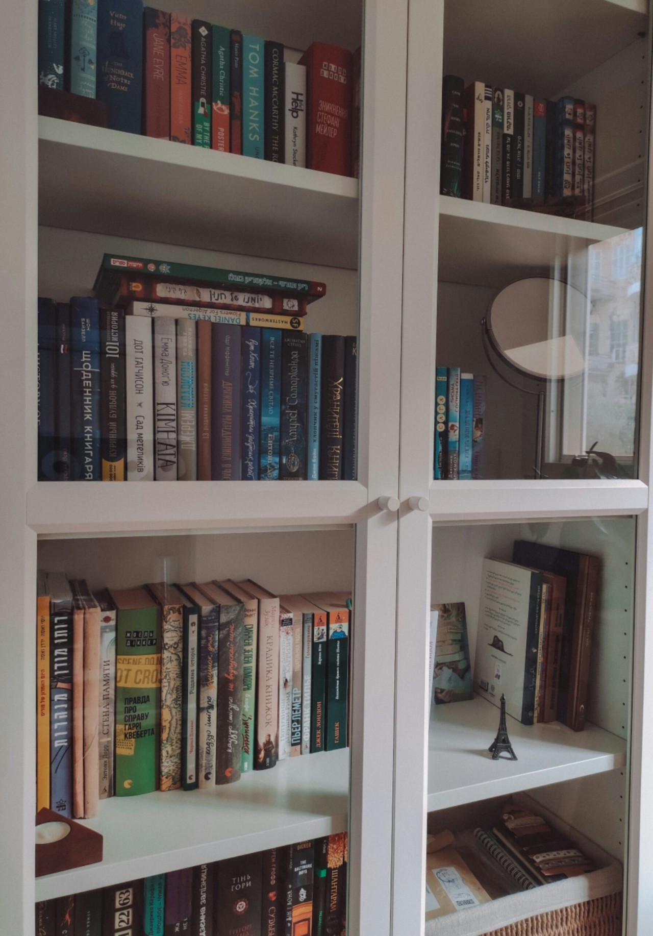 bookscoffeedzen:Home library 📖 For now I have more than 150 books in 6 languages. I want more 💪