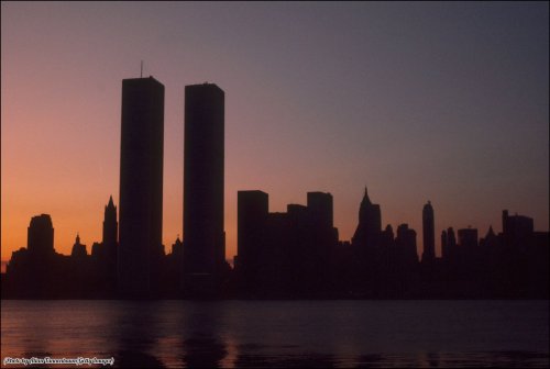 historicaltimes:The twin towers of the World Trade Center on the first morning of the New York City 