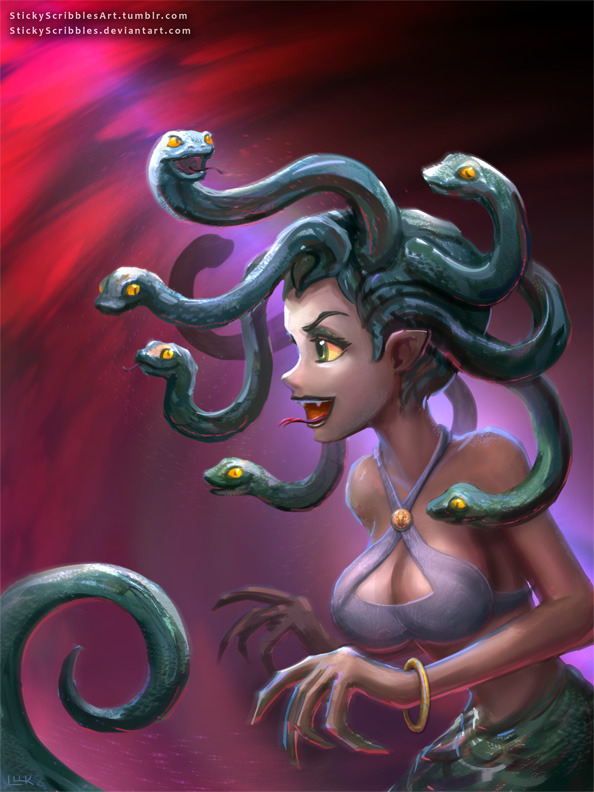  A Gorgon painted in a realistic cartoon style. A lot more effort and details to