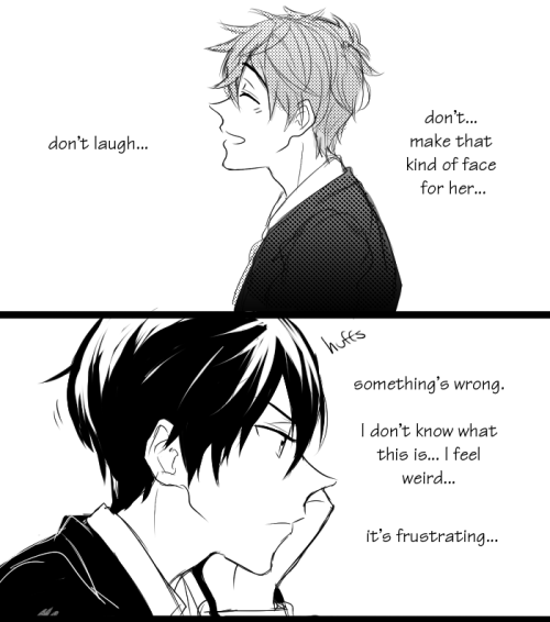 shotas:  part 2 of my jealous!haru comic!!!sorry this took a while i got distracted with S2 announced and all!!!!!i have no idea where i’m going with this…….. but drawing haru pouting was fun…… so fun he had to pout in every panel  _(:3