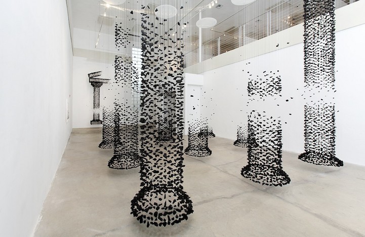 jedavu:  Columns of Suspended Charcoal Explore Relationship Between Nature and Man