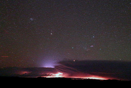Venus, Mars, Spica and a Meteor Caught;The Pleiades, Hyades and Orion.by: Joseph Brimacombe