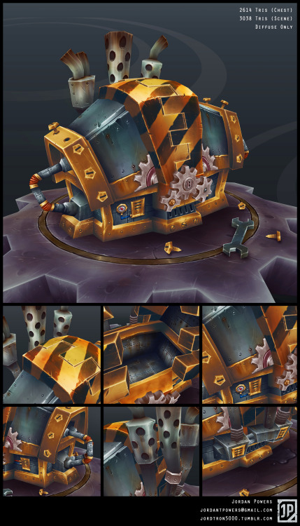 Gnomish Treasure Chest for World of Warcraft prop art test, 2013
For this art test, I was tasked to create a World of Warcraft treasure chest in the style of any race found within the game. Almost everything that Gnomes try to engineer mimics...