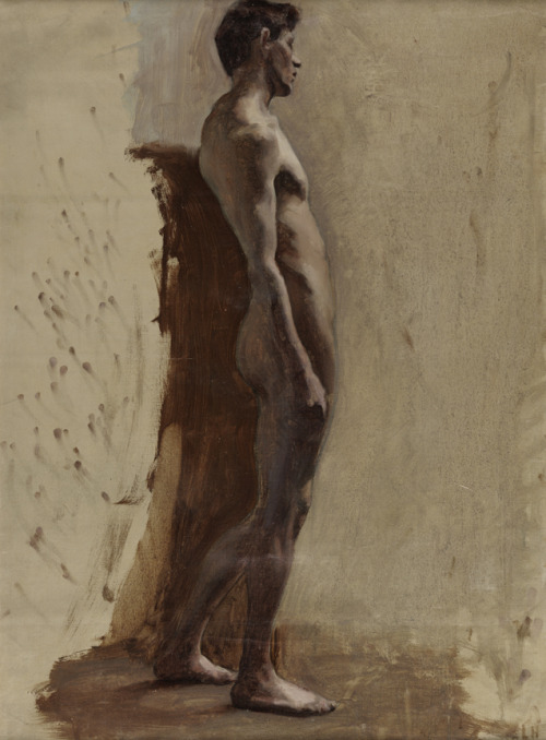 pintoras:Lucy Hayward Barker (American, 1872 - 1948): Male Nude Leaning (1896) (via Pennsylvania Academy of the Fine Arts)