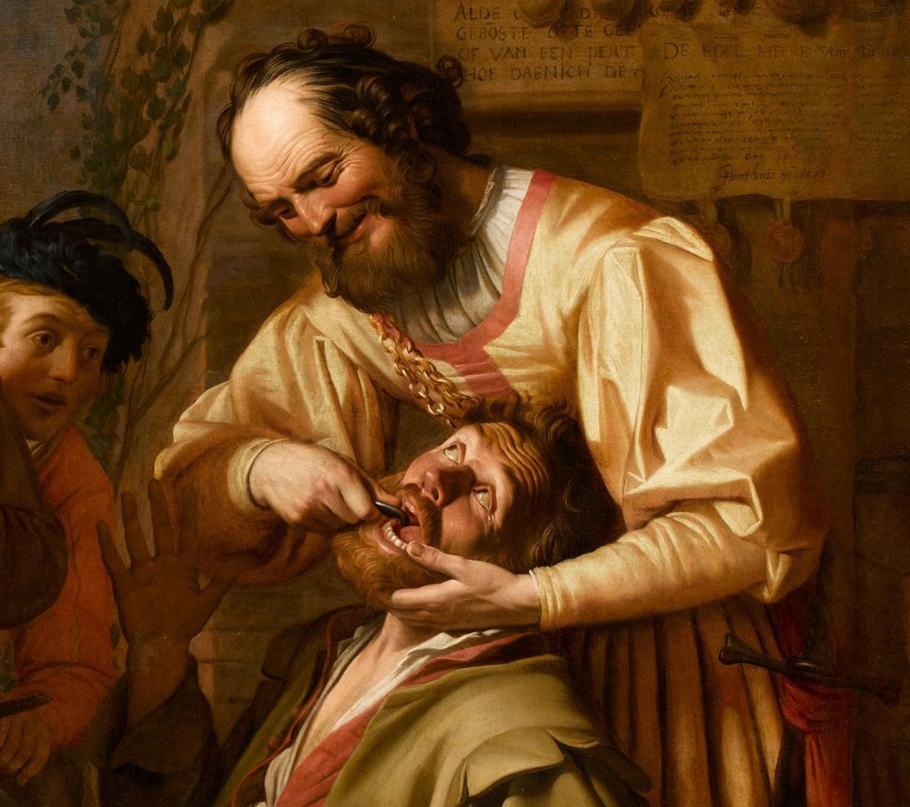 caravaggista:   The Tooth Puller: Caravaggio (attributed, c. 1609?), Theodoor Rombouts