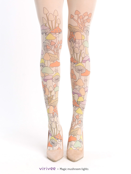  Magic mushroom tights by Virivee Colour mushroom print on ivory SEMI-OPAQUE tights. The pattern is 