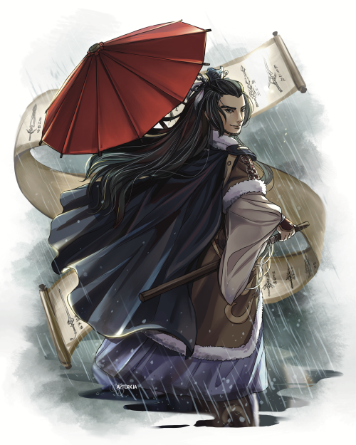 a full-color digital illustration of Shang Bu-Huan from Thunderbolt Fantasy. He stands with his back to the camera, looking over his shoulder at the viewer with a confident smile. In one hand he holds a red umbrella; the other rests on the hilt of his sword, which is hanging from his right hip. Behind him is a rainy forest scene that fades into the white background, with the Sorcerous Sword Index sprawled open in the air above it.