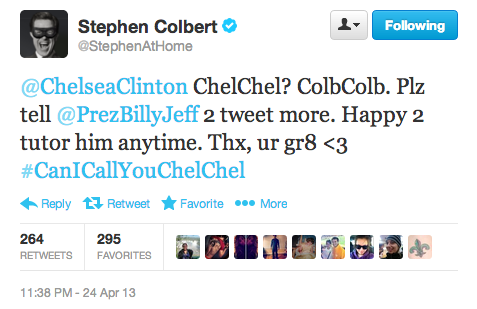 princesshoneycunt:  President Clinton, Stephen Colbert, and Chelsea Clinton’s Adventures on Twitter.