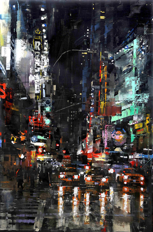 Mark Laguë (Canadian, b. 1964, Lachine, Quebec, Canada) - 42nd Street Night Reflection  Paintings: O