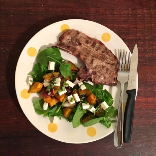 Lamb chop with baby spinach, roasted pumpkin and red onion, feta cheese + basil