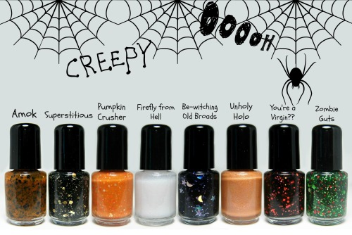 avocadogrrl:  queensaucyofthemermaids:  spellboundnails:  You can now pre-order my Halloween Collections until 9/27. This includes the full Halloween 2013 Collection (pictured) as well as the broken up Hocus Pocus Collection (Amok, Superstitious, Firefly