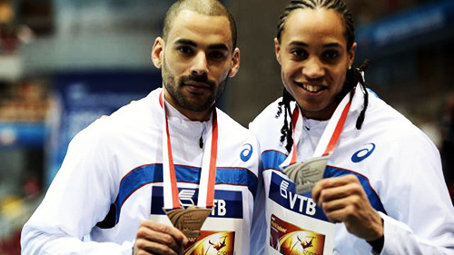 60mH silver medalist Pascal Martinot-Lagarde, and bronze medalist Garfield Darien, at the World Indo