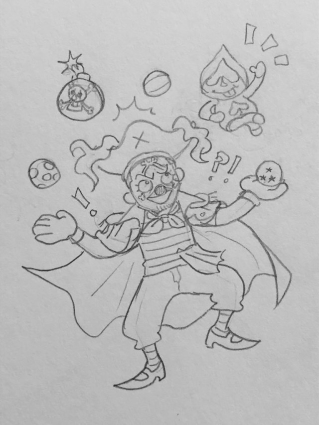 buggy the clown with an incredulous expression juggling two normal balls, a dragon ball, a lit bomb, and LANCER from deltarune, who is posing and waving