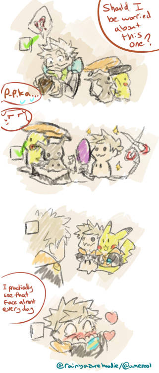 rainyazurehoodie:  It was a random not thought out well idea. Mimikyu and Pikachu want to show Spark their outfits, also Go sometime can’t but laugh at horrible pokemon puns. 