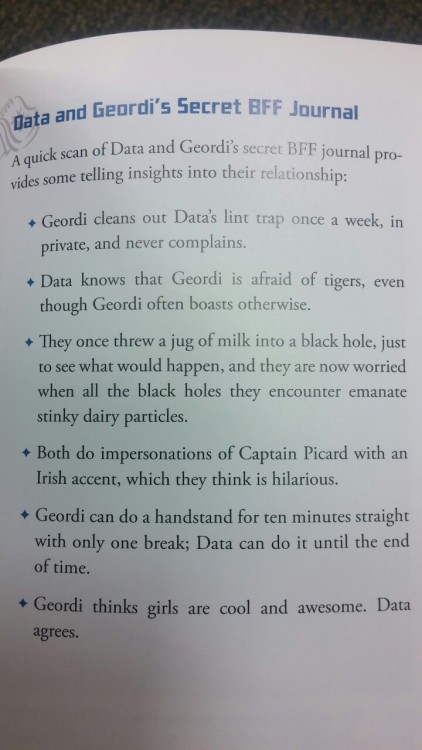 kirksfattitties:autistictranspock:mitzrayim:Data &amp; Geordi’s friendship journal. From S