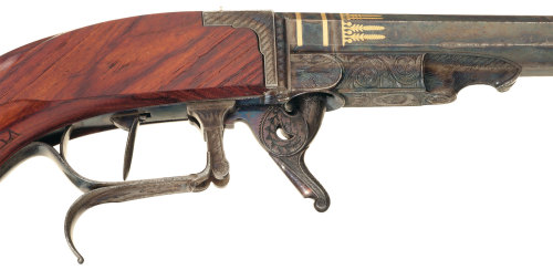 peashooter85:Cased set of French engraved gold inlaid underhammer percussion dueling pistols by Goss