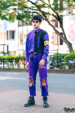 tokyo-fashion:  Japanese high school student Jin on the street in Harajuku. He’s wearing a purple style that features purple lipstick, a vintage embroidered shirt, UNIQLO ripped jeans, Dr. Martens boots, Ambush, Vivienne Westwood, and ManeMane sunglasses.