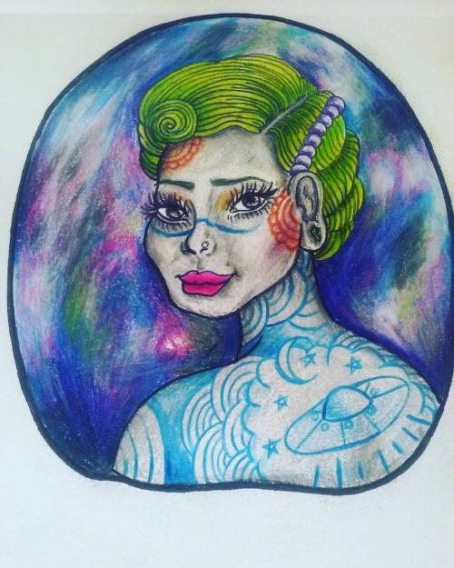 #Ufo #alien #tattooedwomen #illustration #drawings #colorful #greenhair #backtattoos #mightaddmore #