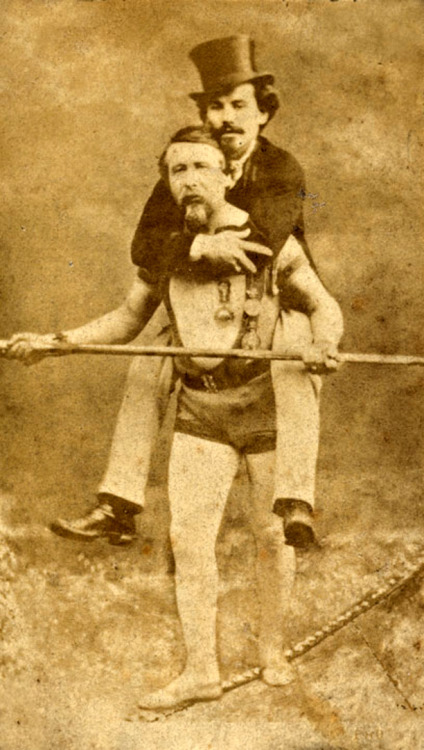 Tightrope Walker Blondin carrying his manager - c. Mid 19th century.