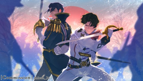 a highly detailed colored artwork of kazuma and barok van zieks. they are standing back to back holding their swords, ready to defend themselves against approaching shadowy figures. the sun is setting behind them