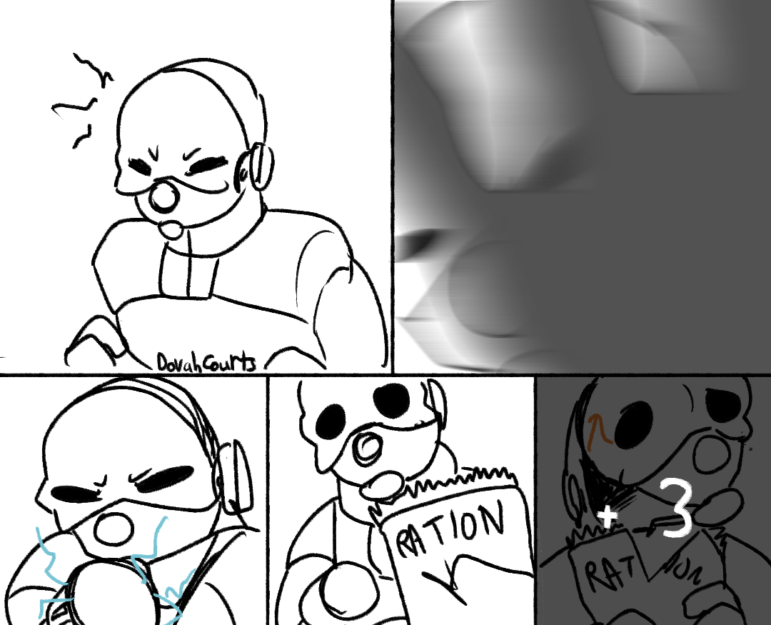 A small comic with a metrocop, the first frame has him angry with 3 swiggle lines next to his head and an angry expression on his gas mask. The second frame has his hand on the camera trying to push it away, same angry expression but everything is blurred. Third frame has him pointing his stun stick at the cameraman, charging it up with the same angry expression. Fourth frame has him looking surprised, when the cameraman holds out a ration. Fifth frame has his gas mask lifted up slightly, a lambda symbol on the right side of it, he is eating the ration, the frame is grayed out with the numbers 3+ ontop.