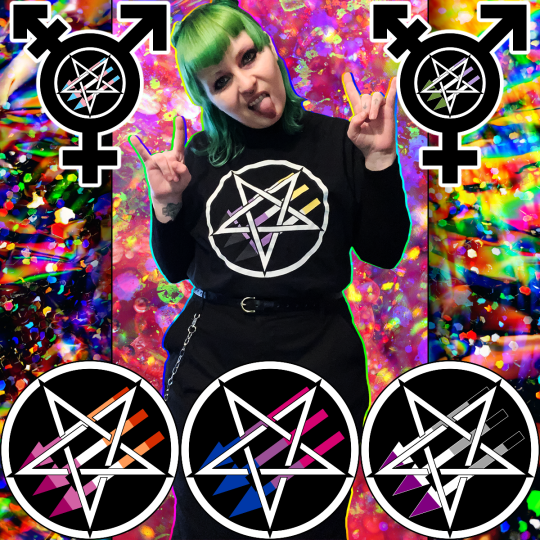 person in Satanic Antifascism shirt throwing up the metal horns with Satanic Antifascism (three arrows with pentagram on top of it) queer pride logos around them