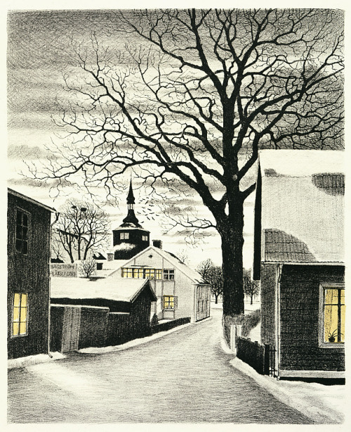 Winter evening , Trosa     -   Reinhold LjunggrenSwedish, 1920-2006Lithograph black, gray, white, ye