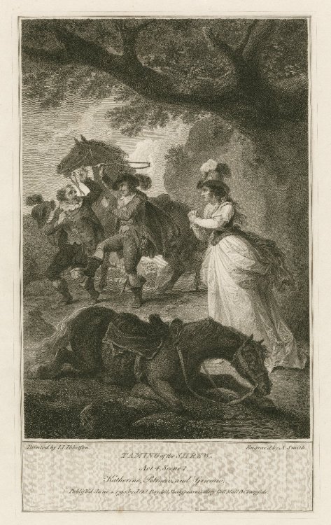 Taming of the Shrew. Act 4, Scene 1. Katherine, Petrucio, and Grumio. Engraving by Anker Smith, from