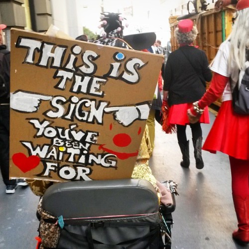 ➡ THIS IS THE SIGN YOU’VE BEEN WAITING FOR! ↩ #saintstupidsday #aprilfools #circus #freaks #cacaphonysociety #clowns #clown #sanfrancisco #California #flashmob #wheelchair #rascal #sign #signs #protest #DIY #parade #funny #signfromgod #thisisasign