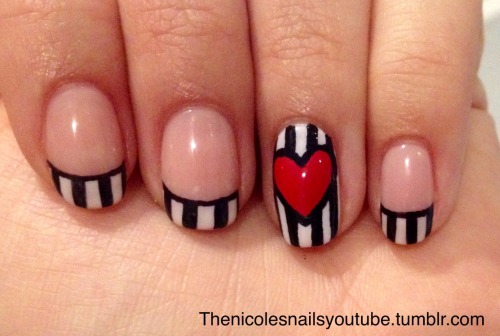 Stripey french manicure nail art. Looks a bit like a lulu Guinness design.