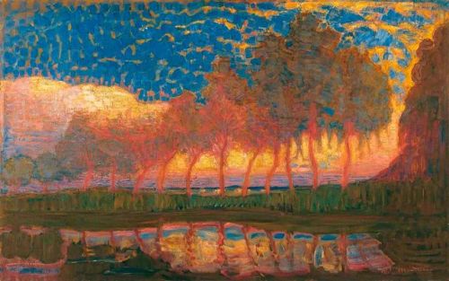 storyhearts-journey:Piet Mondrian Row of Eleven Poplars in Red, Yellow, Blue, and Green, 1908.