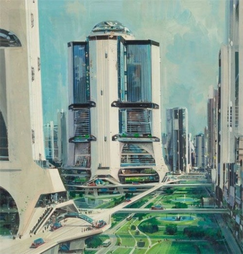 talesfromweirdland:
“ City of the future: retro sci-fi art by illustrator John Berkey (1932-2008).
Most of these were published in Popular Mechanics, I think; but Berkey also did a series of Otis ads.
”