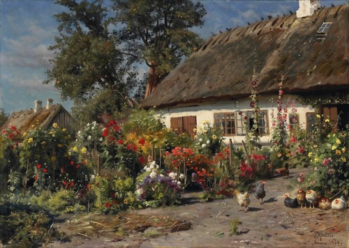 A Cottage Garden with Chickens, Peder Mørk Mønsted, 1919