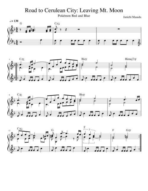 Full transcription of “Road to Cerulean City,” from Pokemon Red/Blue/Yellow, compos