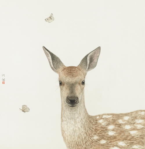 HE XI “SINGING DEER” Ink and Chinese pigments on silk.