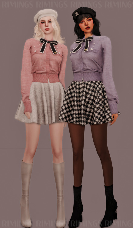 [RIMINGS] Riboon Brooch Pearl Cardigan &amp; Flared short Skirt - TOP / BOTTOM- NEW MESH- ALL LO