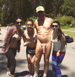 firsttimewithbigguys:  Bay to Breakers. Stopped by random women who wanted a photo with his big penis.