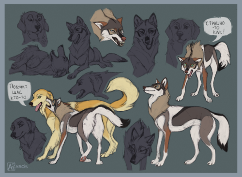 Character sketches  ¯\_(ツ)_/¯ Snap the wolfdog and her mate Sol the howavart. Those two are a playfu