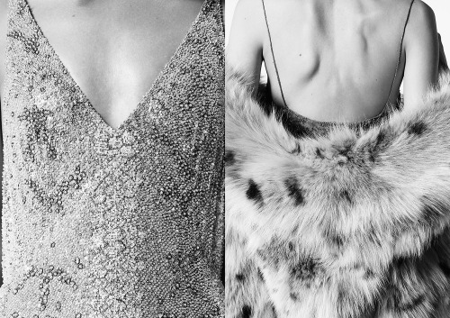 vuittonv: Saint Laurent hand-embroidered snakeskin pattern couture evening dress & sheer, nude, hand-embroidered slip dress with lynx-printed fur gilet. Shown as part of the S/S 2016 women’s ready-to-wear collection.