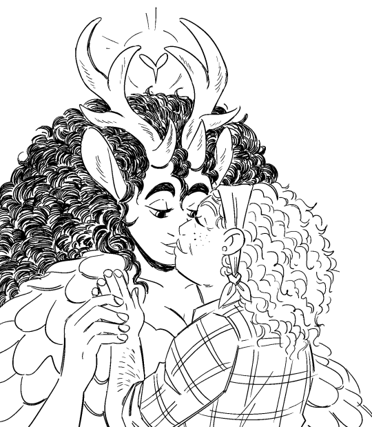 A black and white digital drawing of two older women kissing. The taller one is the God of Earth and she has very long and voluminous dark hair, a pair of antlers, a shining sprout levitating over her head. Her ears are like those of a deer and she wears a cloak made of leaves. Earth is kissing her wife Yarrow, who is much shorter. Yarrow has shoulder length blonde hair that is tied back with a bandana. She has freckles and is wearing a plaid button up. Yarrow has placed a hand on Earth’s shoulder, which Earth is tenderly touching with her own. Yarrow’s eyes are closed as they kiss while Earth’s are open out of curiosity and affection.