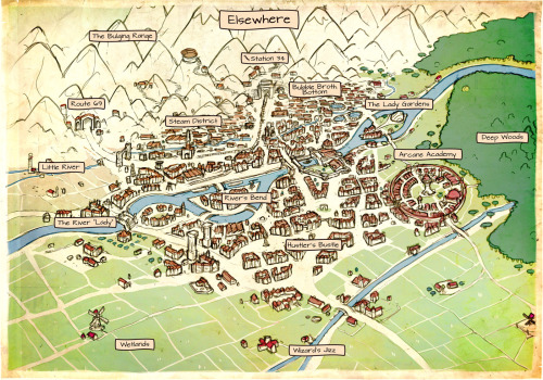 Map of Elsewhere: LocationsElsewhere lies between the fertile Wetlands, the Bulging Range mountains and the Deep Woods. The city sits on a series of bubbling pools who’s steam saturates the air with a supernatural lust, making it’s denizens a cheerful