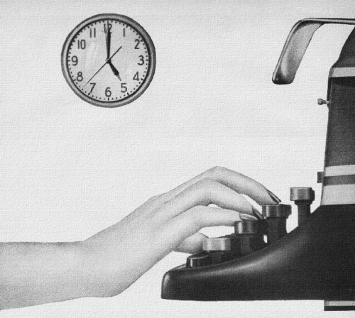 rogerwilkerson: The hour of sweet release is upon us!  Detail from 1950 Smith Corona typewriter ad.
