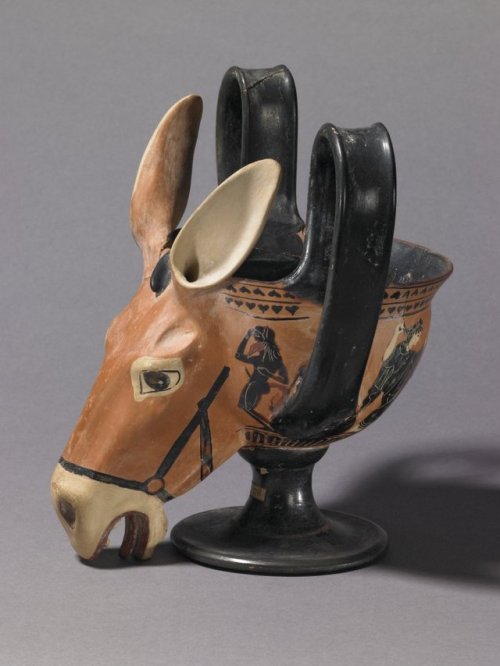 theancientwayoflife:~ Pottery: black-figured kantharos with donkey-head attachment.Culture/Period: A