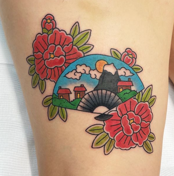 Sunset Tattoo — Scenic Japanese Fan tattoo by Horiyama