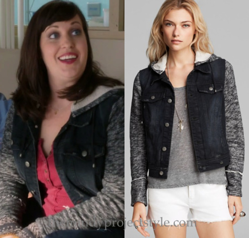 themindyprojectstyle:  Abby wore this dark wash denim jacket with grey jersey sleeves in “We Need To Talk About Annette” and “Caramel Princess Time” Free People Denim and Knit Jacket - 贖 (was 贴, also here)