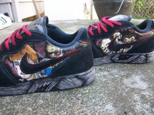 Hand painted ‘Night of the Living Dead’ custom Nikes with hand made aluminum engraved sh