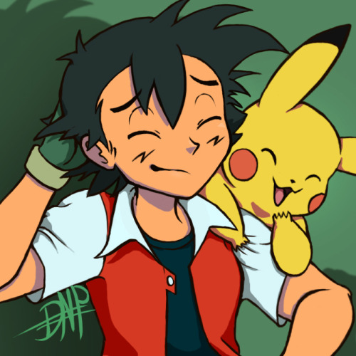 ash-chosenone:  scribblekin:  For ash-chosenone They asked for a pic of their 16yr old RP-verse versions of Ash and Dawn (w/ Pokemon best buds X3) -Ash is being teased a bit, about the ~super cool~ speech/poses he still practices off by himself (like