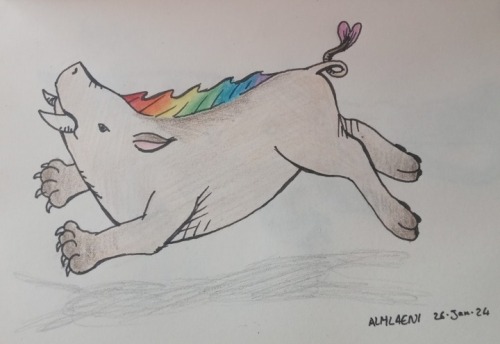A leaping beast with the head of a boar. It has a rainbow coloured mane and large paws. On the end of its tail is a tuft of pink hair in the shape of a heart.