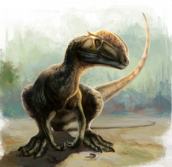 paleoillustration:  Dilophosaurus, Guanlong and Monolophosaurus by Cheung Chung Tat