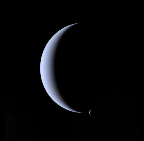 spaceexp: Crescent Neptune and its largest moon Triton- Voyager 2, 1989 via reddit